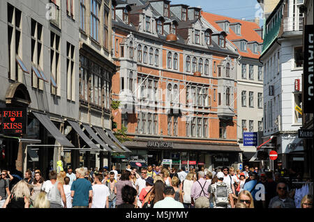 1100 m long pedestrian zone called Stroget between Radhuspladsen and Kongens Nytorvo in Copenhagen, Denmark. August 6th 2015, is a very popular touris Stock Photo