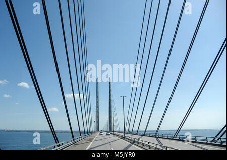 Oresund Bridge connecting Copenhagen, Danemark with Malmo, Sweden. August 6th 2015. Almost 16 km long (bridge with artificial island Peberholm and Dro Stock Photo