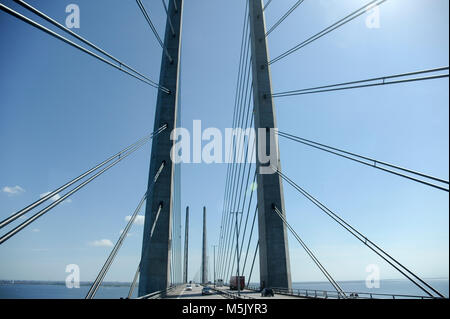 Oresund Bridge connecting Copenhagen, Danemark with Malmo, Sweden. August 6th 2015. Almost 16 km long (bridge with artificial island Peberholm and Dro Stock Photo