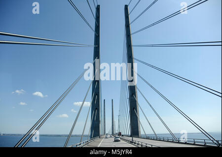 Oresund Bridge connecting Copenhagen, Danemark with Malmo, Sweden. August 6th 2015. Almost 16 km long (bridge with artificial island Peberholm and Dro Stock Photo