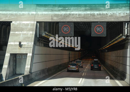 Drogden Tunnel of Oresund Bridge connecting Copenhagen, Danemark with Malmo, Sweden. August 6th 2015. Almost 16 km long (bridge with artificial island Stock Photo