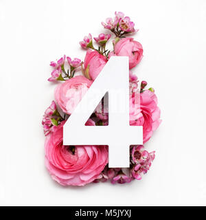 Layout with colorful flowers, leaves and number for. Flat lay. Stock Photo