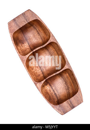 Three section serving tray made from one piece of solid acacia hardwood isolated on white background Stock Photo