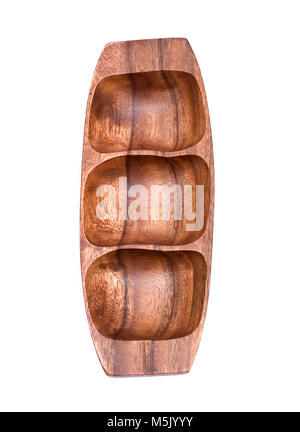 Three section serving tray made from one piece of solid acacia hardwood isolated on white background Stock Photo