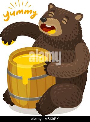 Cute bear eats honey from wooden barrel. Cartoon vector illustration Stock Vector