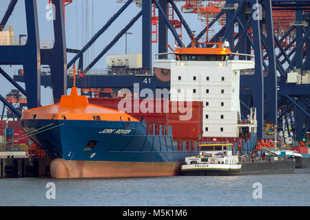 ROTTERDAM - JAN 13, 2012: Gantry crane operator placing a container in ...