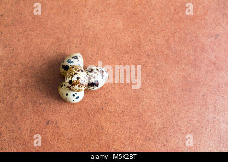 four quail eggs on a brown background. copy space. Stock Photo