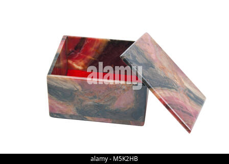 small simple stone box of polished rhodonite with an open lid isolated Stock Photo