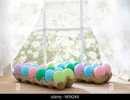 Easter shopping theme: colorful eggs in an egg crate on the window in a sunny day Stock Photo
