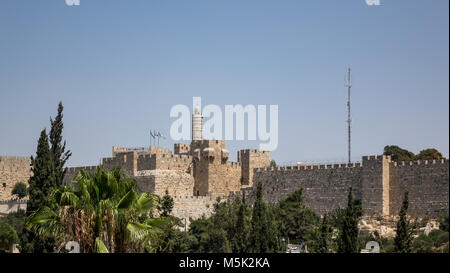 View of the Tower of David citadel and the Old City walls of Jerusalem from Teddy Park. Stock Photo