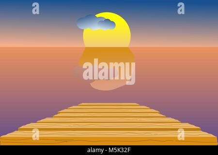 Wooden pier in the sea with sky, sun, clouds, and the horizon line; during dusk time. Vector illustration in flat design. Stock Vector