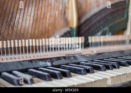 repair old piano, musical instrument, repair music, white keys and strings Stock Photo