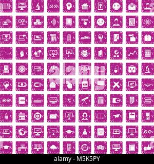 100 e-learning icons set grunge pink Stock Vector