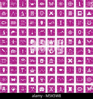 100 archeology icons set grunge pink Stock Vector