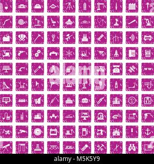 100 equipment icons set grunge pink Stock Vector