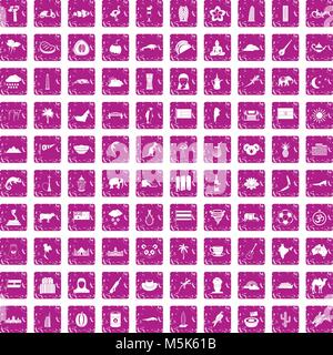 100 exotic animals icons set grunge pink Stock Vector
