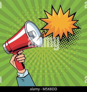 Hand holding bullhorn pop art cartoon Stock Vector