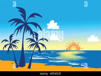 A cartoon stylized beach scene with palm trees and setting sun Stock Vector