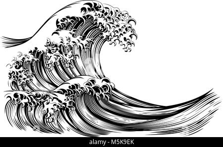 Great Wave Japanese Style Engraving Stock Vector