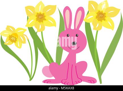 A cartoon pink rabbit with daffodils Stock Vector