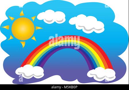 A cartoon rainbow with sun and clouds Stock Vector
