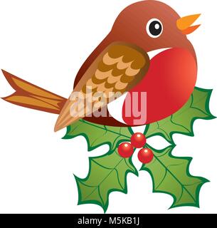 A cheerful robin redbreast perched on holly with red berries Stock Vector