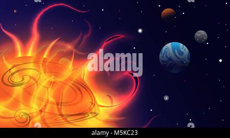 Planets in Space. Bright Sunlight in the Cosmos. Beautiful Planets on Gradient Background. Space Abstraction. Planets in Space. Sun with protuberances Stock Vector