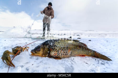 The biggest freshwater lake, Çıldır Lake, enjoys fishing, both for fishermen and for visitors. Starting from November, the ice layer on the Çıldır Lak Stock Photo