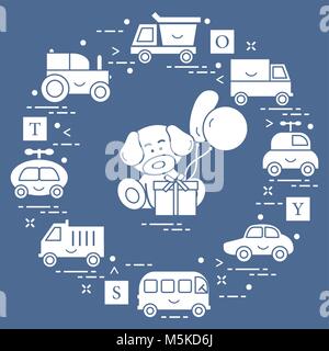 Baby cars, trucks, bus, tractor, cubes, puppy, gift, balloons