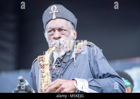 Member from the musical group, Sun Ra Arkestra, playing a saxophone, Greensboro, North Carolina. Stock Photo