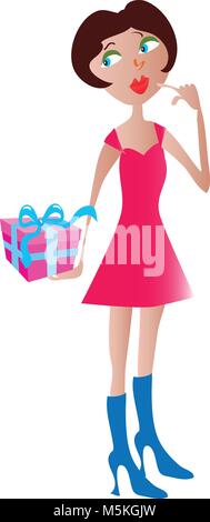 A cartoon young woman in a fed dree with a gift box Stock Vector
