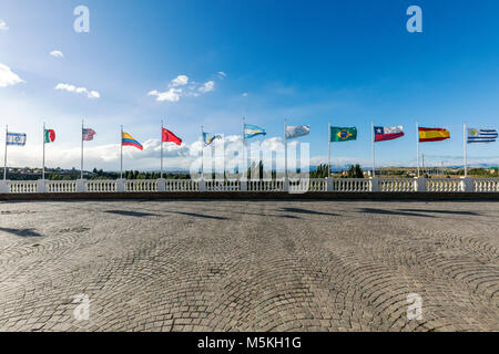 International flags flying; Hotel Unique Luxury; El Calafate; Argentina Stock Photo