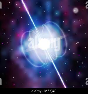 Neutron star makes radiation ray waves in the deep universe. Blitzar. Pulsar. Vector illustration 10eps Stock Vector