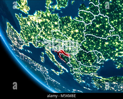 Map of Croatia in red as seen from space on planet Earth at night with white borderlines and city lights. 3D illustration. Elements of this image furn Stock Photo