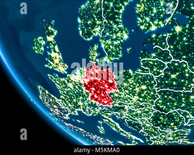 Map of Germany in red as seen from space on planet Earth at night with white borderlines and city lights. 3D illustration. Elements of this image furn Stock Photo