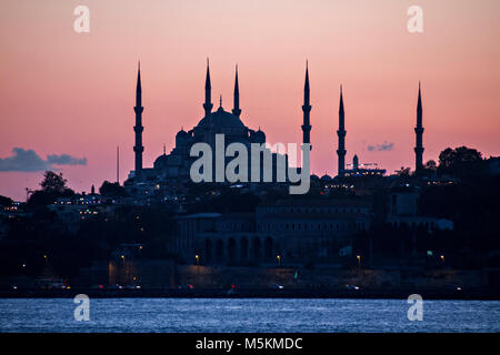 Blue Mosque in silhouette, at twilight, in Istanbul, Turkey. Stock Photo