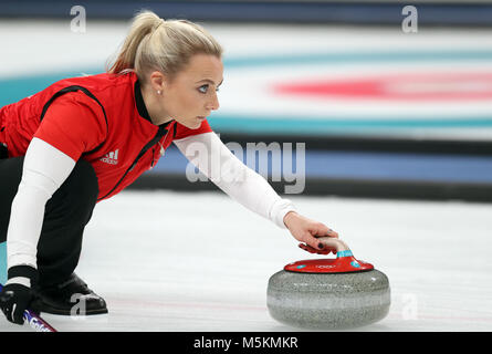 Great Britain's Anna Sloan during the Women's Bronze Medal match at the Gangneung Curling Centre during day fifteen of the PyeongChang 2018 Winter Olympic Games in South Korea. Stock Photo