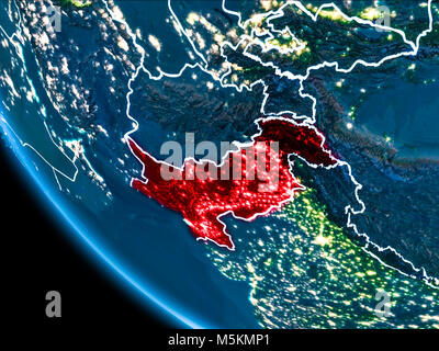 Map of Pakistan in red as seen from space on planet Earth at night with white borderlines and city lights. 3D illustration. Elements of this image fur Stock Photo