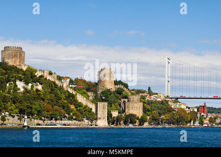 Rumelihisari Fortress and Bosphorus Bridge, in Istanbul, Turkey Stock Photo