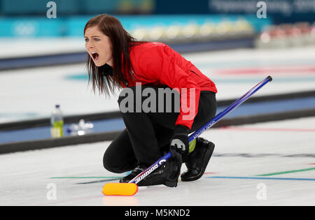 Great Britain's skipper Eve Muirhead during the Women's Bronze Medal match at the Gangneung Curling Centre during day fifteen of the PyeongChang 2018 Winter Olympic Games in South Korea. Stock Photo