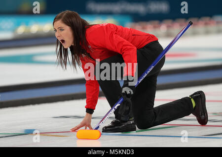 Great Britain's skipper Eve Muirhead during the Women's Bronze Medal match at the Gangneung Curling Centre during day fifteen of the PyeongChang 2018 Winter Olympic Games in South Korea. Stock Photo