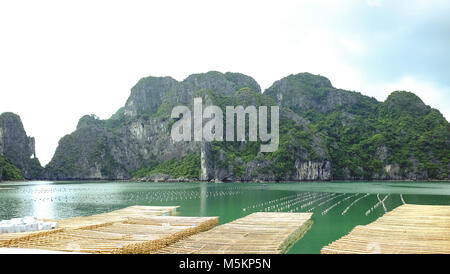 A pearl farm is seen in Ha Long Bay, Vietnam Stock Photo