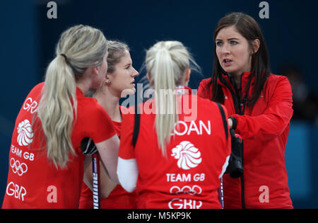 Great Britain's skipper Eve Muirhead (right) with team mates Anna Sloan, Lauren Gray and Vicki Adams during the Women's Bronze Medal match at the Gangneung Curling Centre during day fifteen of the PyeongChang 2018 Winter Olympic Games in South Korea. Stock Photo