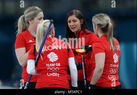 Great Britain's skipper Eve Muirhead (second right) with team mates Anna Sloan, Lauren Gray and Vicki Adams during the Women's Bronze Medal match at the Gangneung Curling Centre during day fifteen of the PyeongChang 2018 Winter Olympic Games in South Korea. Stock Photo