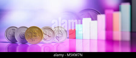 Cryptocurrency growth. Bitcoin, cardano, ethereum, litecoin and ripple on bar charts background, banner, copy space. 3d illustration Stock Photo