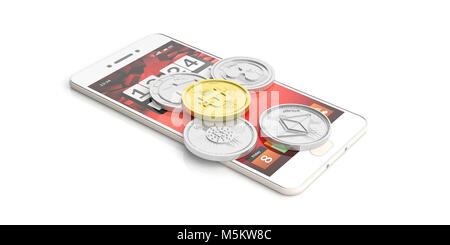 Cryptocurrency concept. Golden bitcoin, variety of silver virtual coins  and a smartphone isolated on white background. 3d illustration Stock Photo