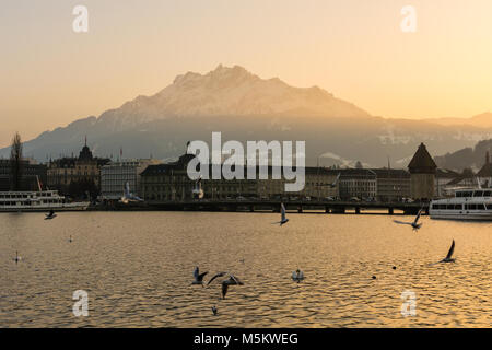 Luzern, Switzerland - February 2017 - View on majestic Mount Pilatus and city of Luzern, Switzerland Stock Photo