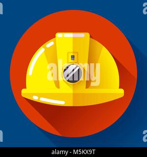 Yellow construction worker helmet with flashlight icon. Flat design style. Stock Vector