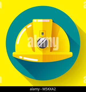 Yellow construction worker helmet with flashlight icon. Flat design style. Stock Vector