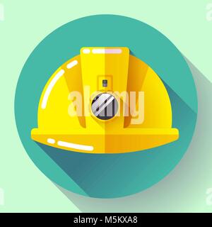 Yellow construction worker helmet with flashlight icon. Flat design style. Stock Vector